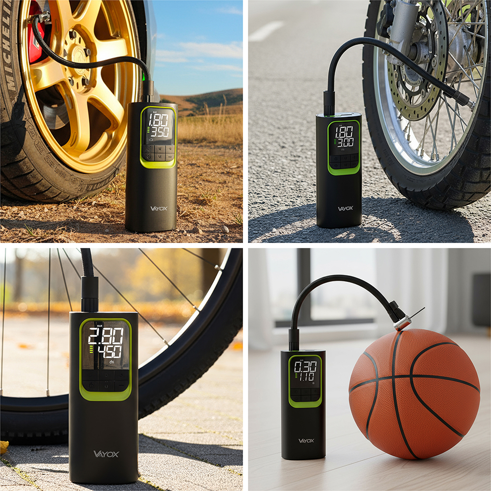 Czarny inflator Voyx jest pokazany w użyciu z oponą samochodową, oponą motocyklową, oponą rowerową i koszykówką, wyświetlając różne odczyty ciśnienia.