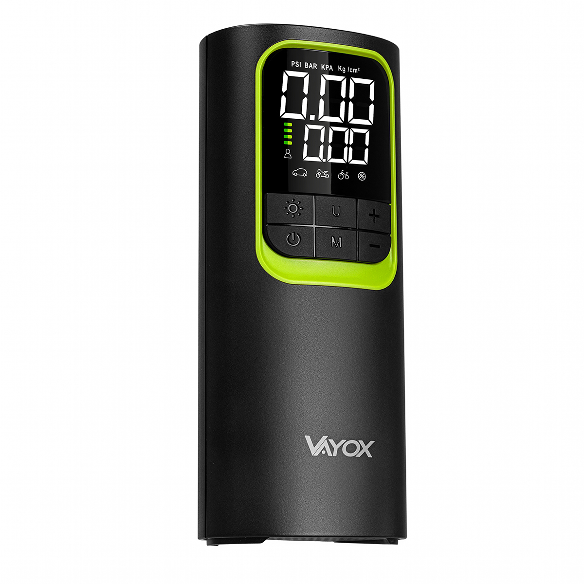 Czarno-zielony cyfrowy kompresor powietrza. Wyświetla liczby na ekranie. Widoczne są przyciski. Marka to Vayox.
