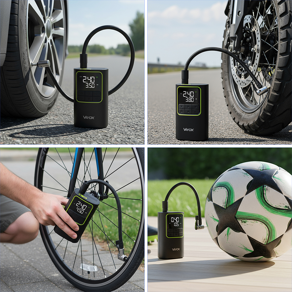 Kompresor powietrza pompuje opony samochodu, motocykla, roweru i piłki nożnej. Urządzenie wyświetla odczyty ciśnienia.