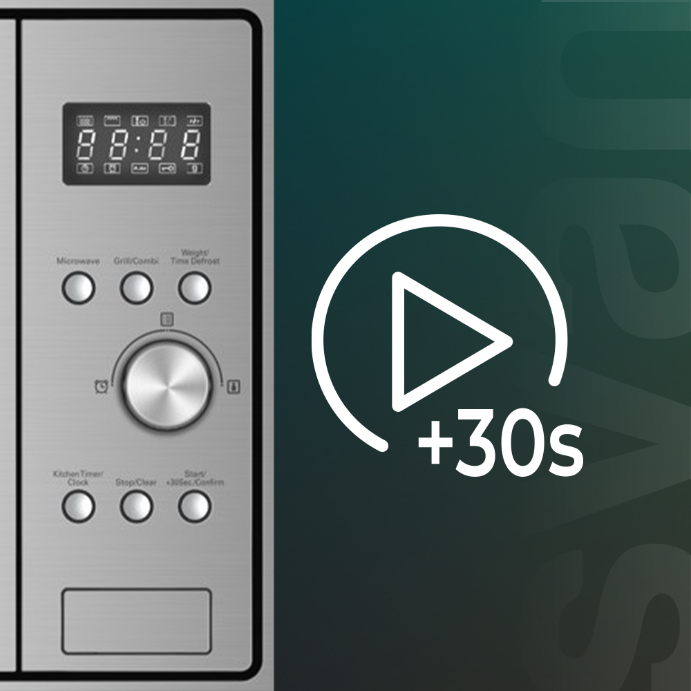 Panel de control de microondas con pantalla digital 88:88. Incluye botones para microondas, grill y temporizador. Un icono de reproducción blanco con +30s.