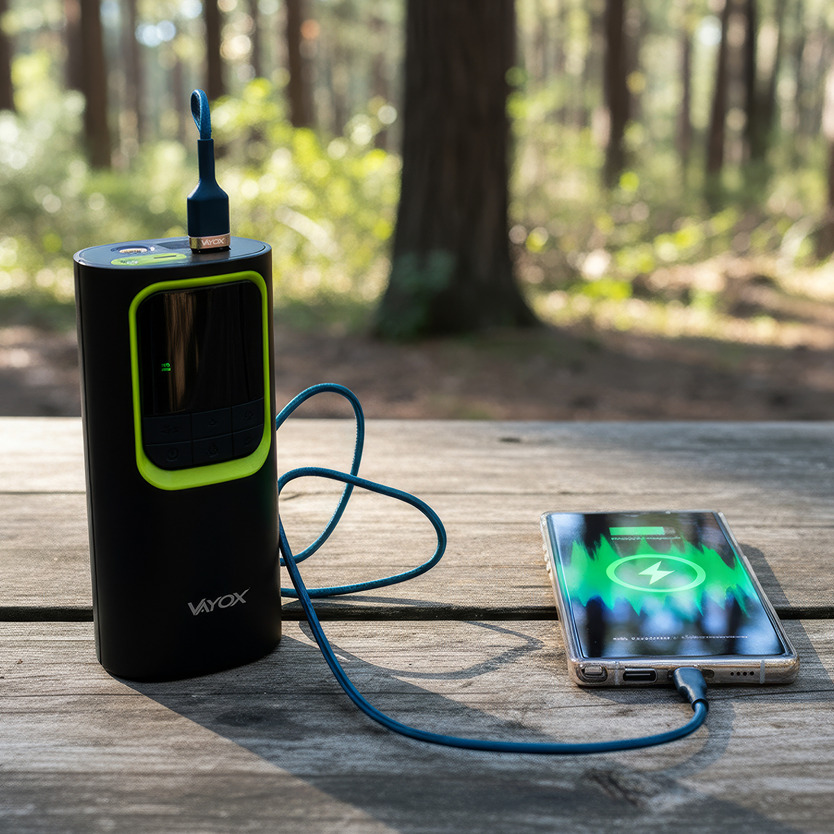 Czarny power bank z telefonem ładującym się na drewnianym stole. W tle widać drzewa w lesie.