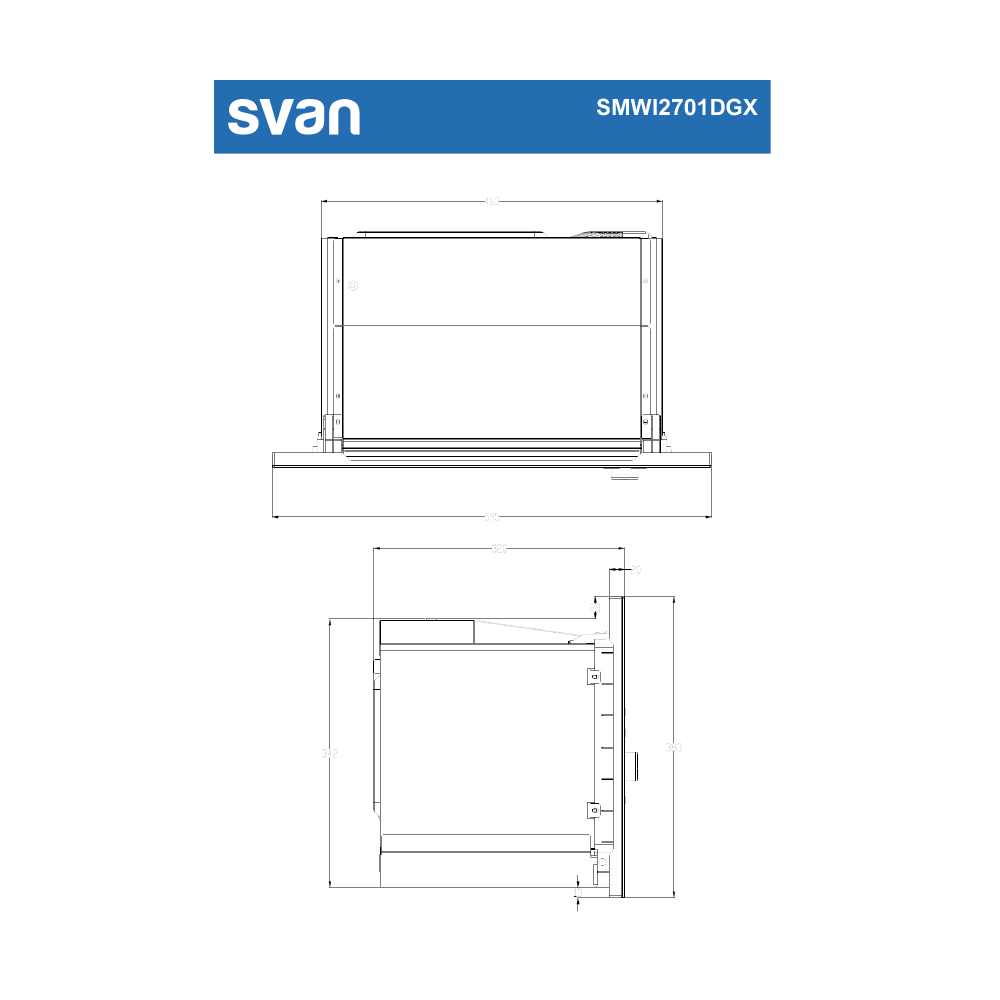 Un diagrama esquemático de un electrodoméstico, etiquetado como 'SMWI2701DGX' y 'svan', con dimensiones y medidas en líneas negras.