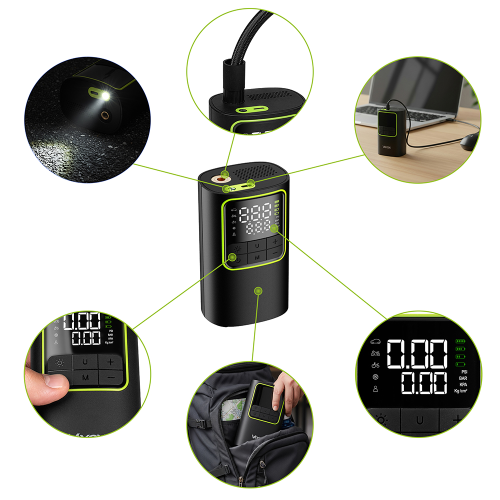 Czarna i zielona pompka powietrza z cyfrowym wyświetlaczem, różne zbliżenia pokazujące szczegóły i scenariusze użytkowania oraz laptop w tle.