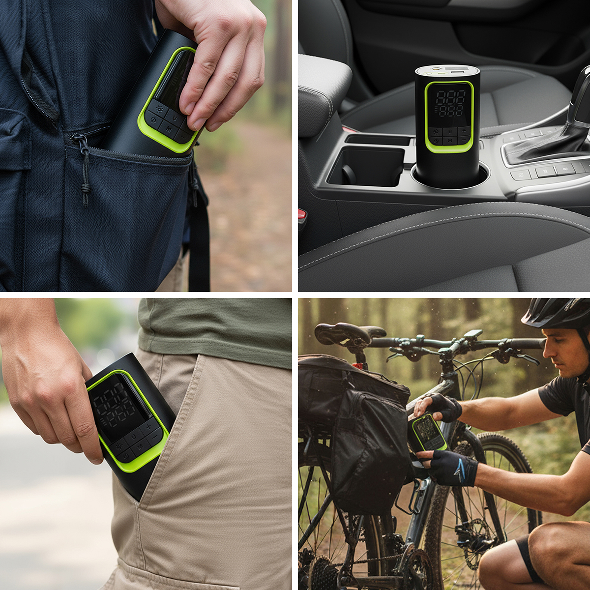 Czarna i zielona przenośna pompka powietrza pokazana w różnych ustawieniach: plecak, uchwyt na kubek w samochodzie, kieszeń i rower.