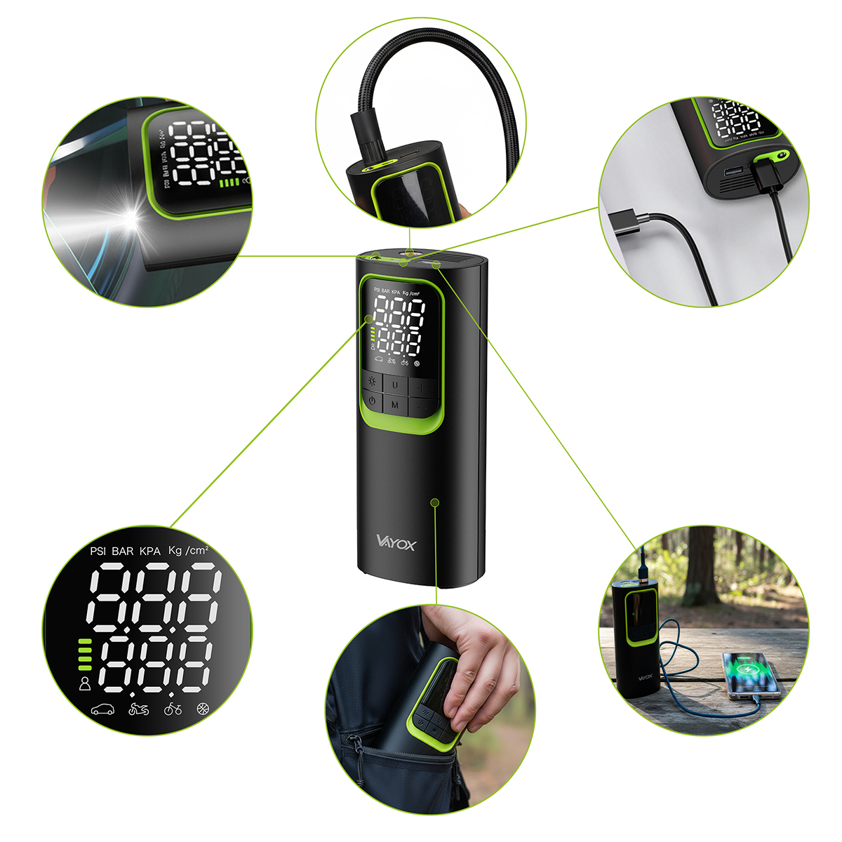 Czarny i zielony przenośny kompresor powietrza z cyfrowym wyświetlaczem. Różne widoki pokazują szczegóły i przypadki użycia.