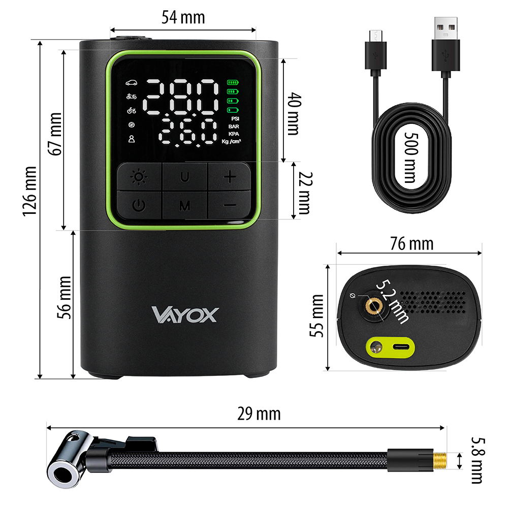 Czarna pompka powietrza Vayox z wymiarami, wyświetlaczem i komponentami, takimi jak kabel i dysza, na białym tle.