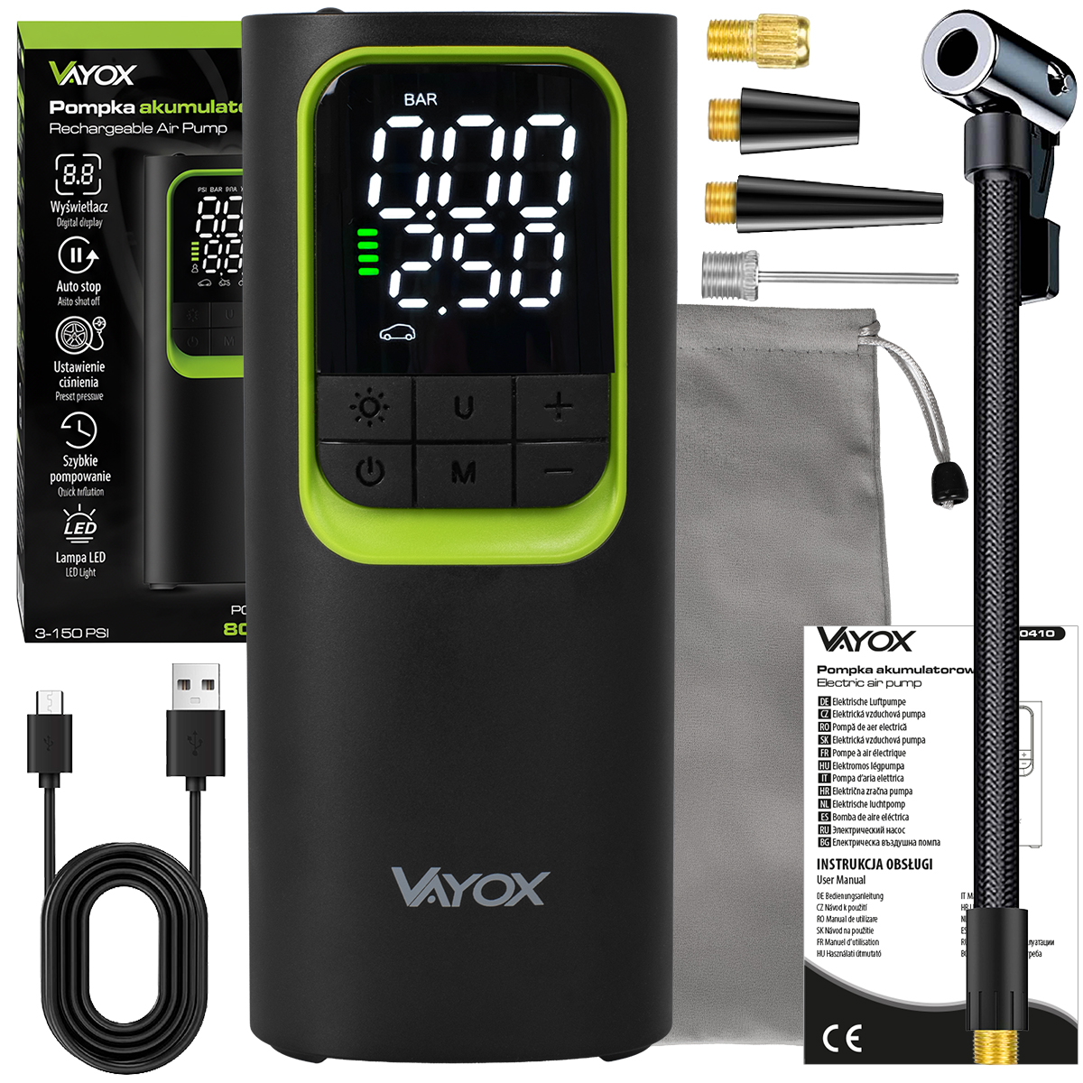 Czarna i zielona ładowalna pompka powietrza z akcesoriami. Wyświetlacz pokazuje ciśnienie. Zawiera kabel do ładowania i instrukcję.