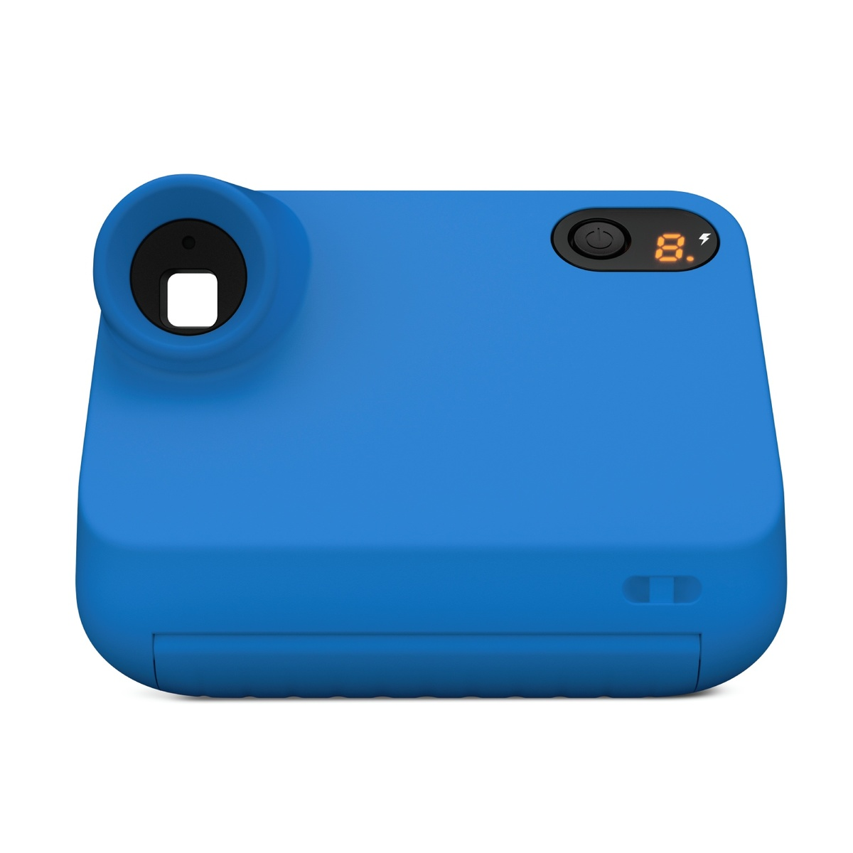 Una cámara instantánea azul sobre un fondo blanco. Tiene una lente, un botón de encendido y una pantalla con el número 8.