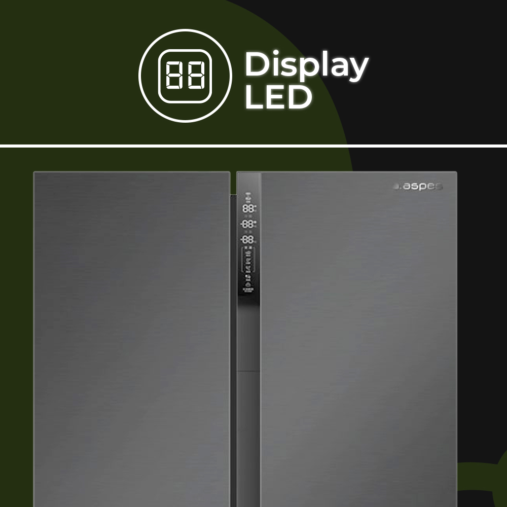 Primer plano de un refrigerador con pantalla digital. La marca 'aspes' es visible. La pantalla dice Pantalla LED.