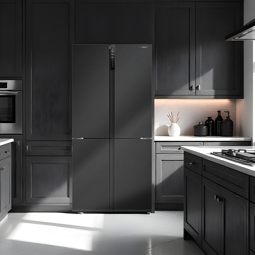 Una cocina moderna con un refrigerador negro. Gabinetes, encimeras y electrodomésticos son gris oscuro. Un jarrón con palos está en la encimera.