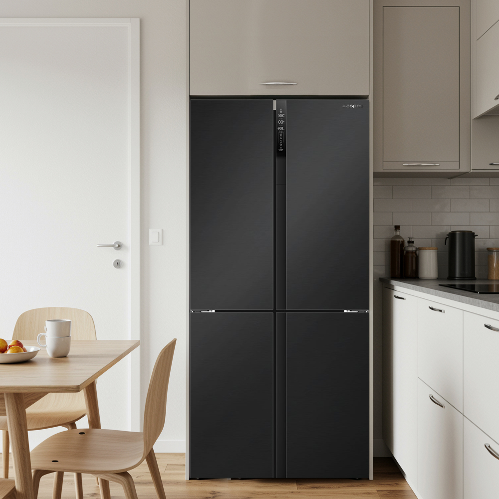 Una cocina moderna con un refrigerador negro. En primer plano, una mesa y sillas de madera. Se ven armarios blancos y una puerta.