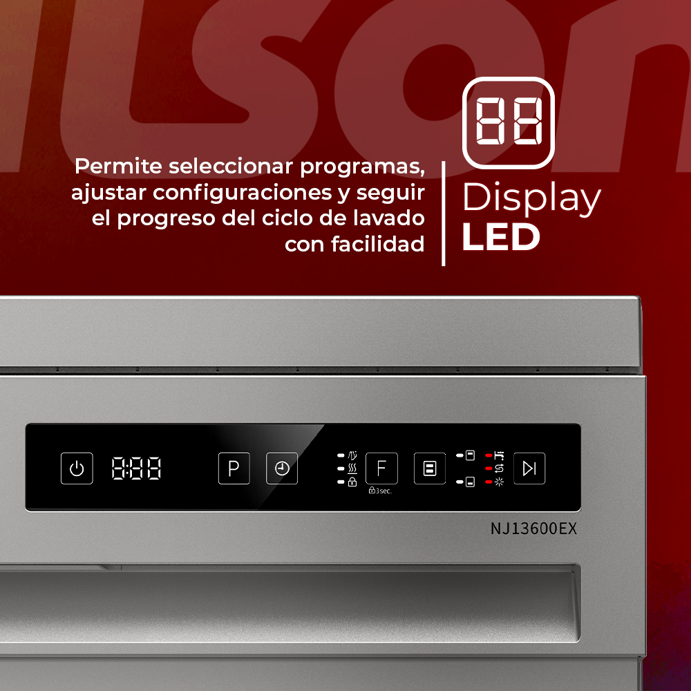 Primer plano del panel de control de un lavavajillas con pantalla LED. Muestra varios iconos y números digitales. El nombre NJ13600EX es visible.