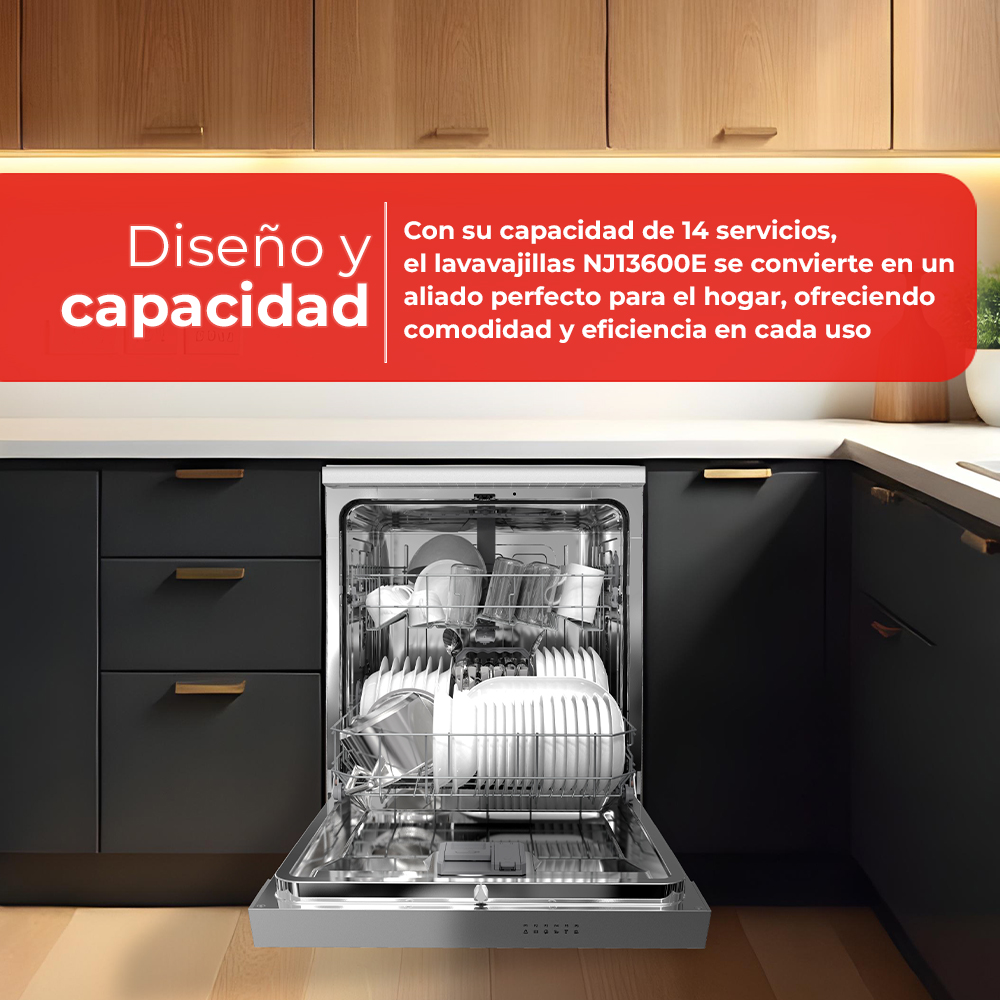 Lavavajillas con puerta abierta, lleno de platos. El texto superior dice 'Diseño y Capacidad'. Armarios negros al fondo.