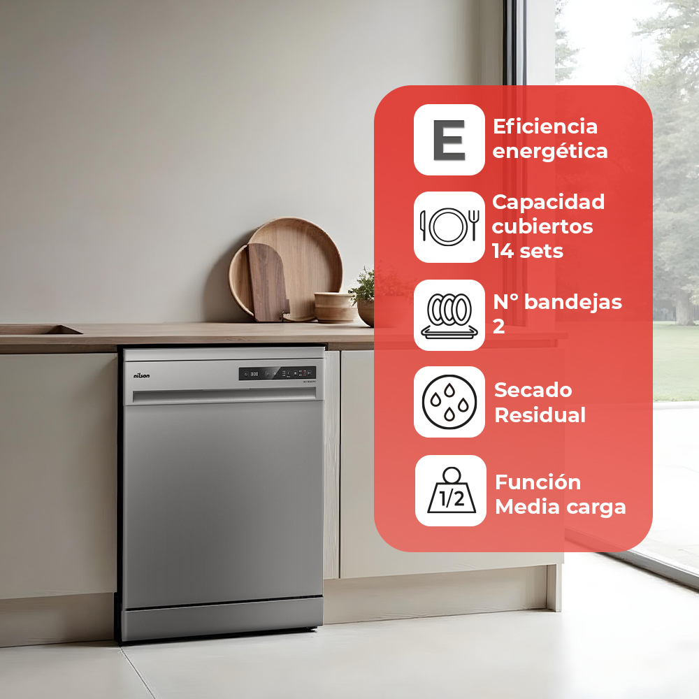 Un lavavajillas plateado en una cocina. Tiene un panel rojo con iconos y texto sobre eficiencia energética, capacidad y características.