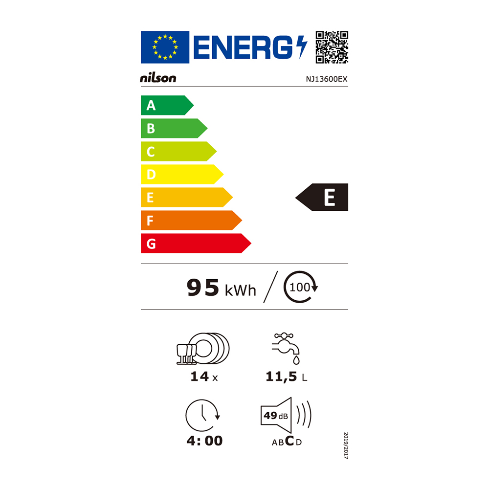 Etiqueta energética para lavavajillas. Muestra clase E, 95 kWh, 14 cubiertos, 11.5L agua, tiempo 4:00, y ruido 49 dB.