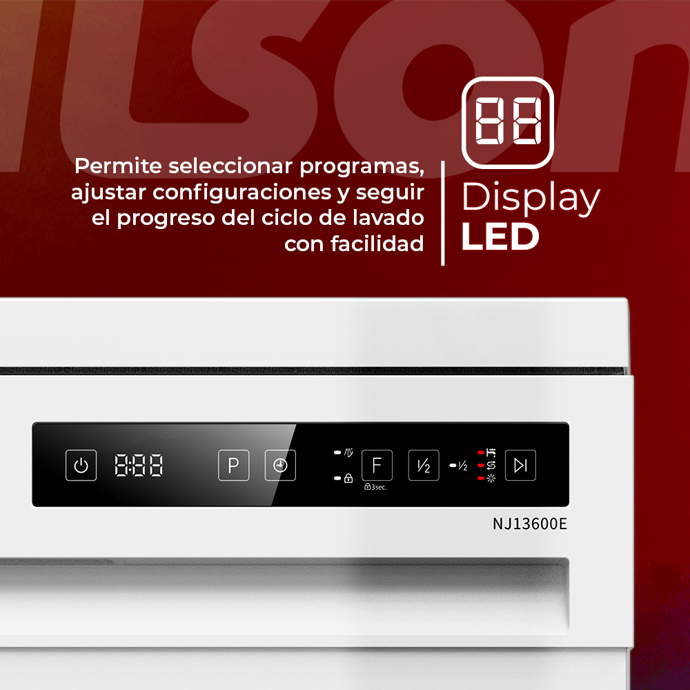 Panel de control blanco con pantalla digital y botones de función. Texto: 'Display LED' y 'NJ13600E'.