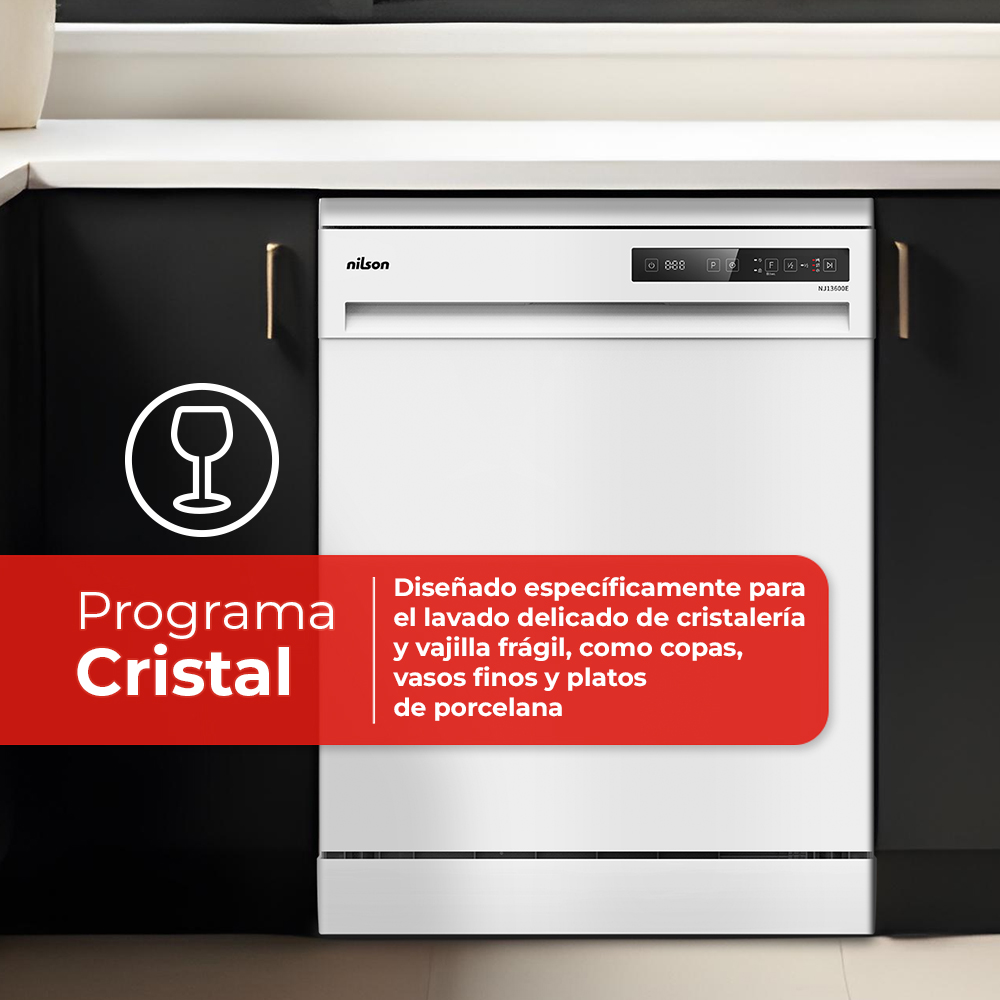 Un lavavajillas blanco con programa para cristalería. La bandera roja muestra que es para cristalería delicada.