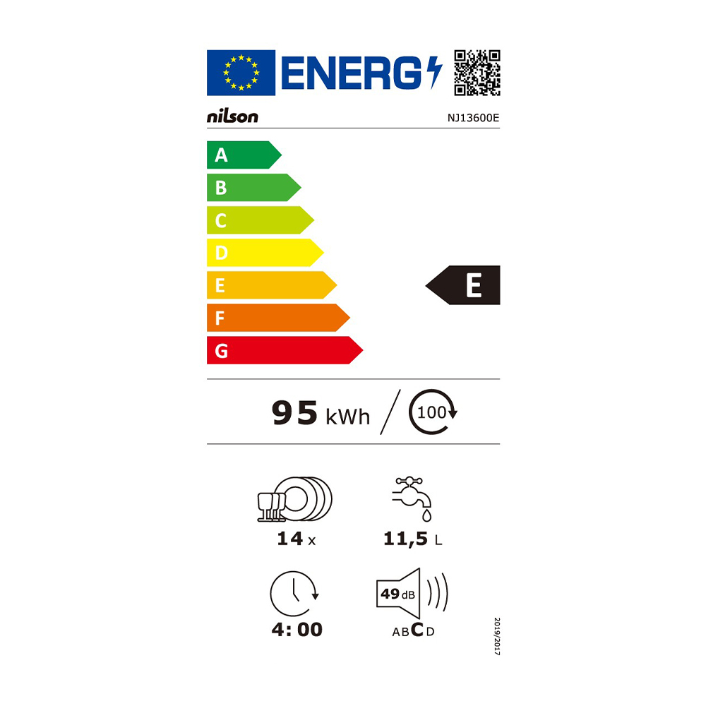 Etiqueta energética para un lavavajillas Nilson. Muestra la clase energética E, 95 kWh/100 ciclos y otras especificaciones como el consumo de agua.