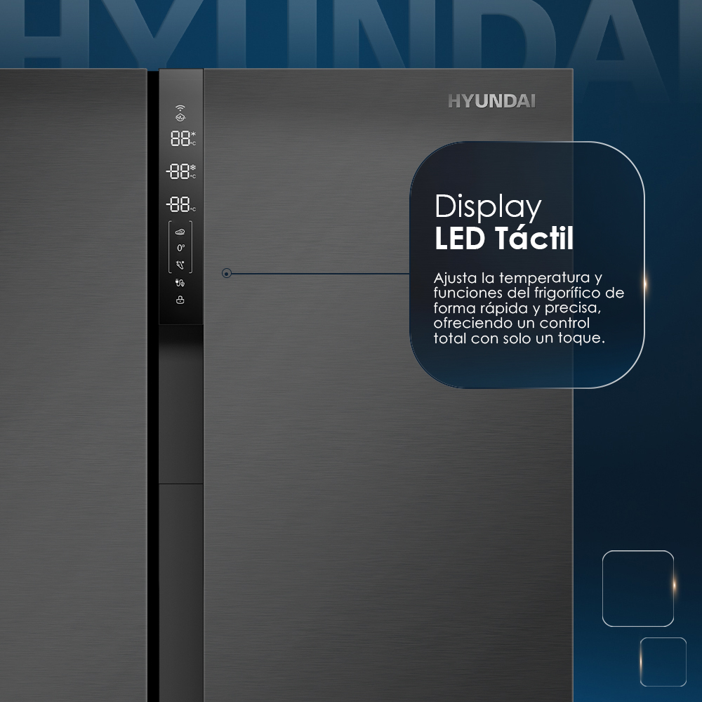 Refrigerador gris oscuro con pantalla digital. Una burbuja de texto explica la pantalla LED táctil.