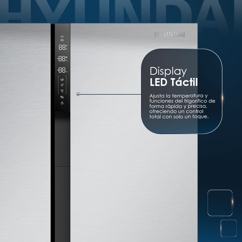 Primer plano de un refrigerador plateado con pantalla digital. El texto dice 'Display LED Táctil' y describe sus funciones.