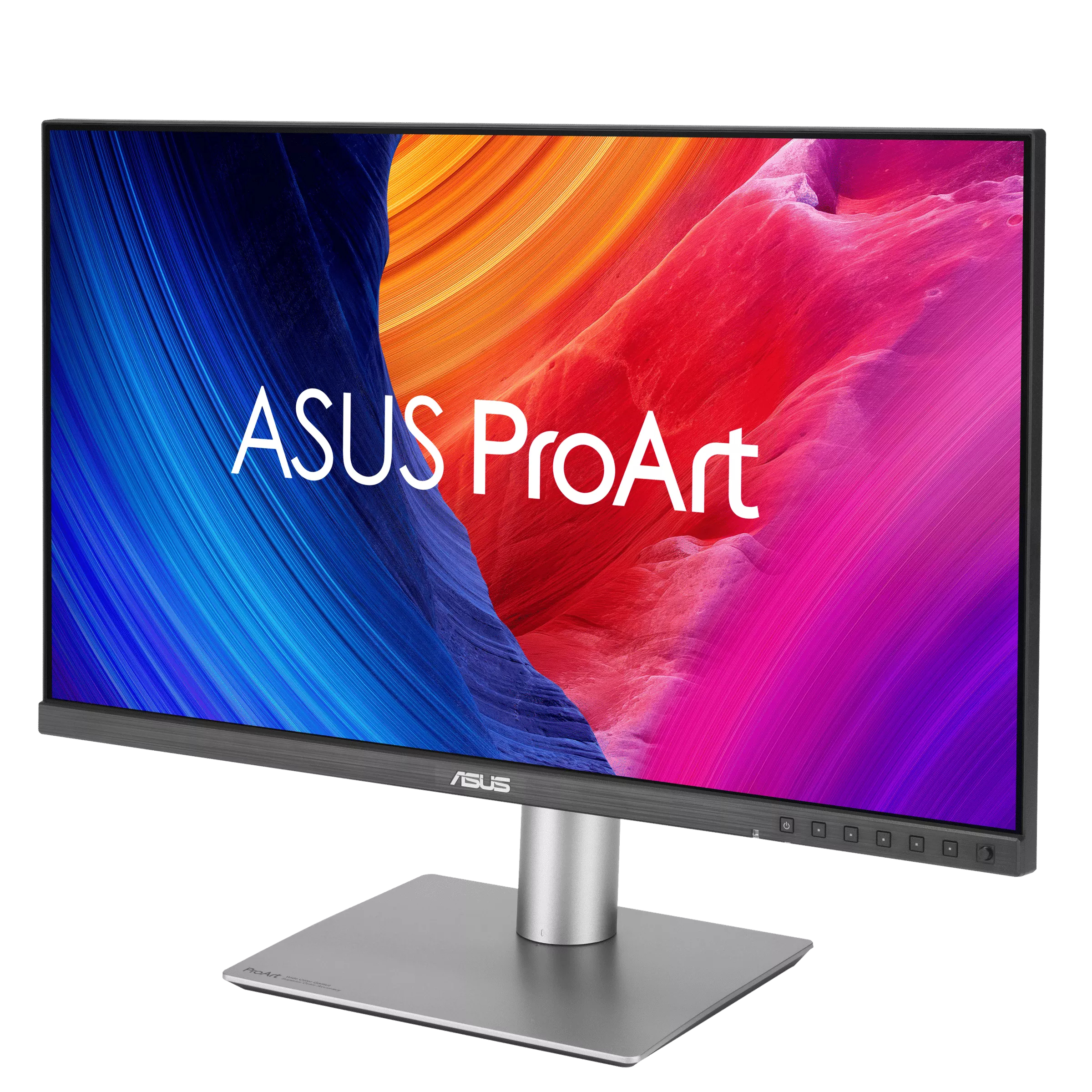 Monitor ASUS ProArt. Posiada kolorowy wyświetlacz gradientowy. Podstawa jest srebrna z logo ASUS.