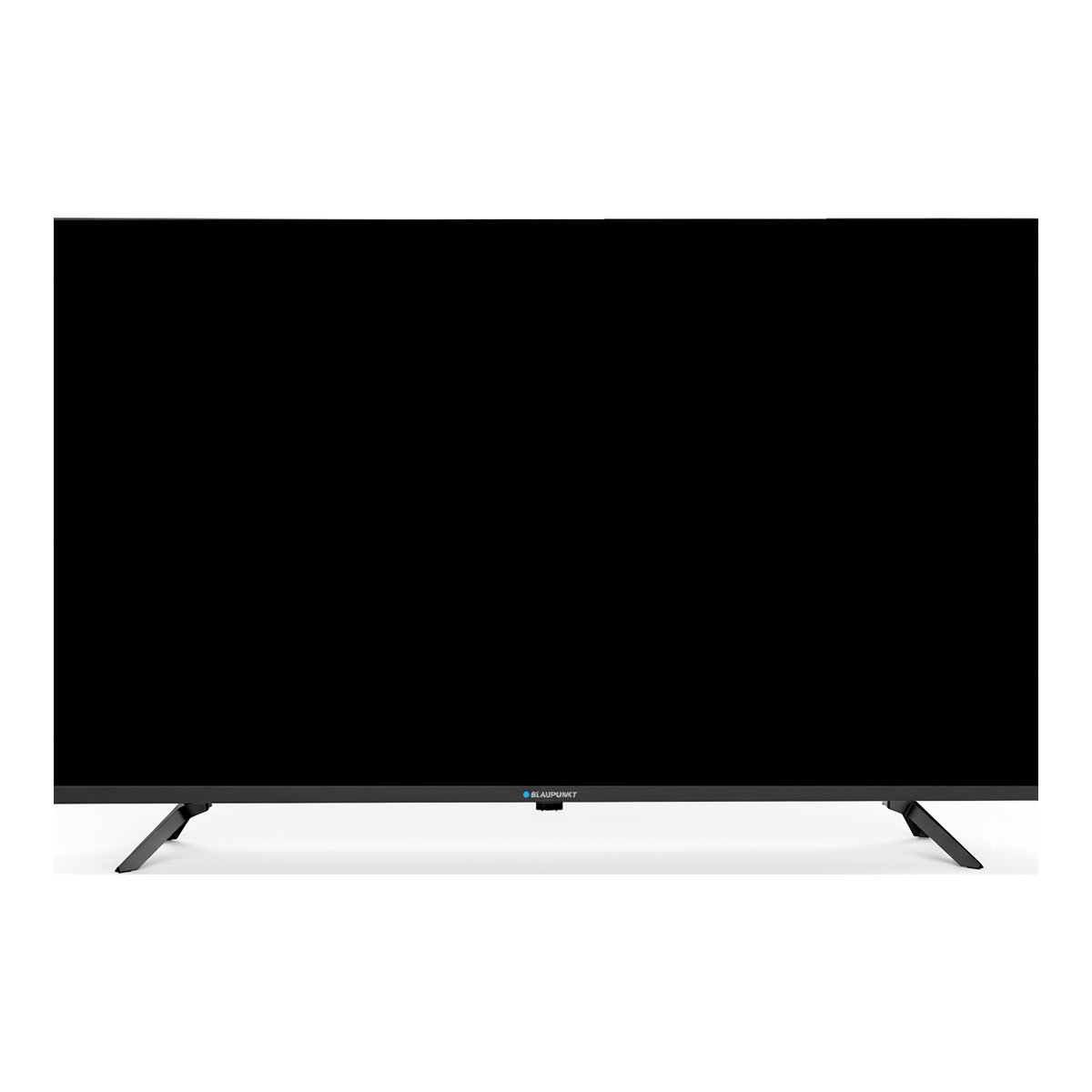 Un televisor Blaupunkt negro grande sobre fondo blanco. El televisor tiene dos patas negras. El logotipo de la marca es visible en la parte inferior.
