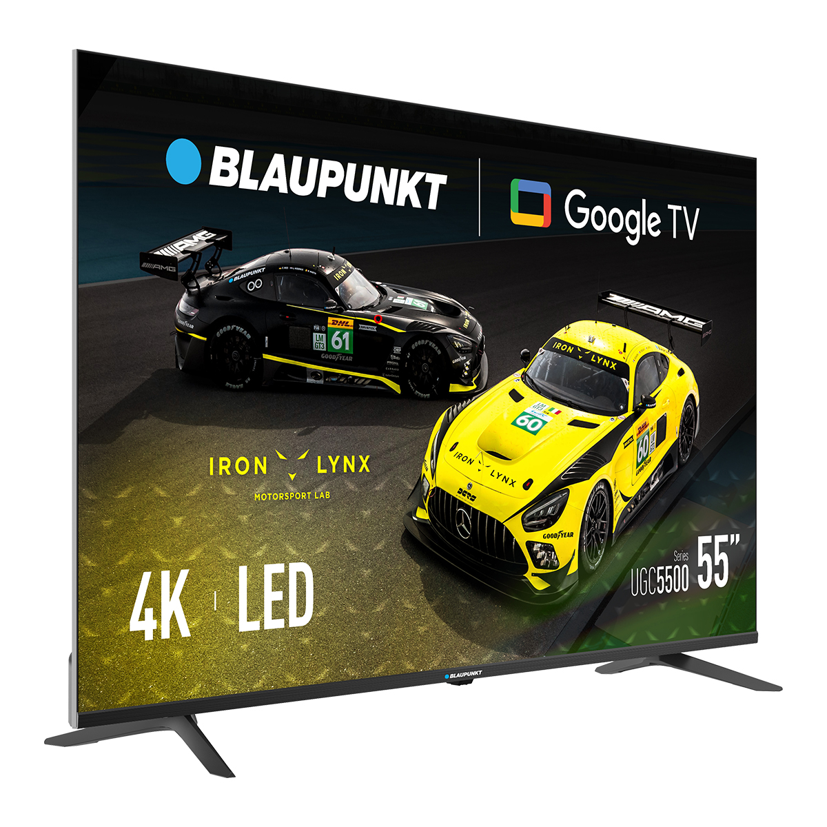 Telewizor Blaupunkt wyświetla dwa samochody wyścigowe, czarny i żółty, z logo Google TV. To 55" 4K LED.