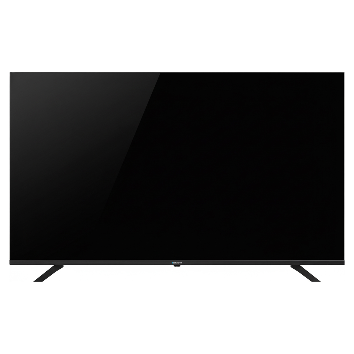 Un grande televisore a schermo piatto nero con una superficie riflettente. Ha due gambe nere. Il marchio è in basso.