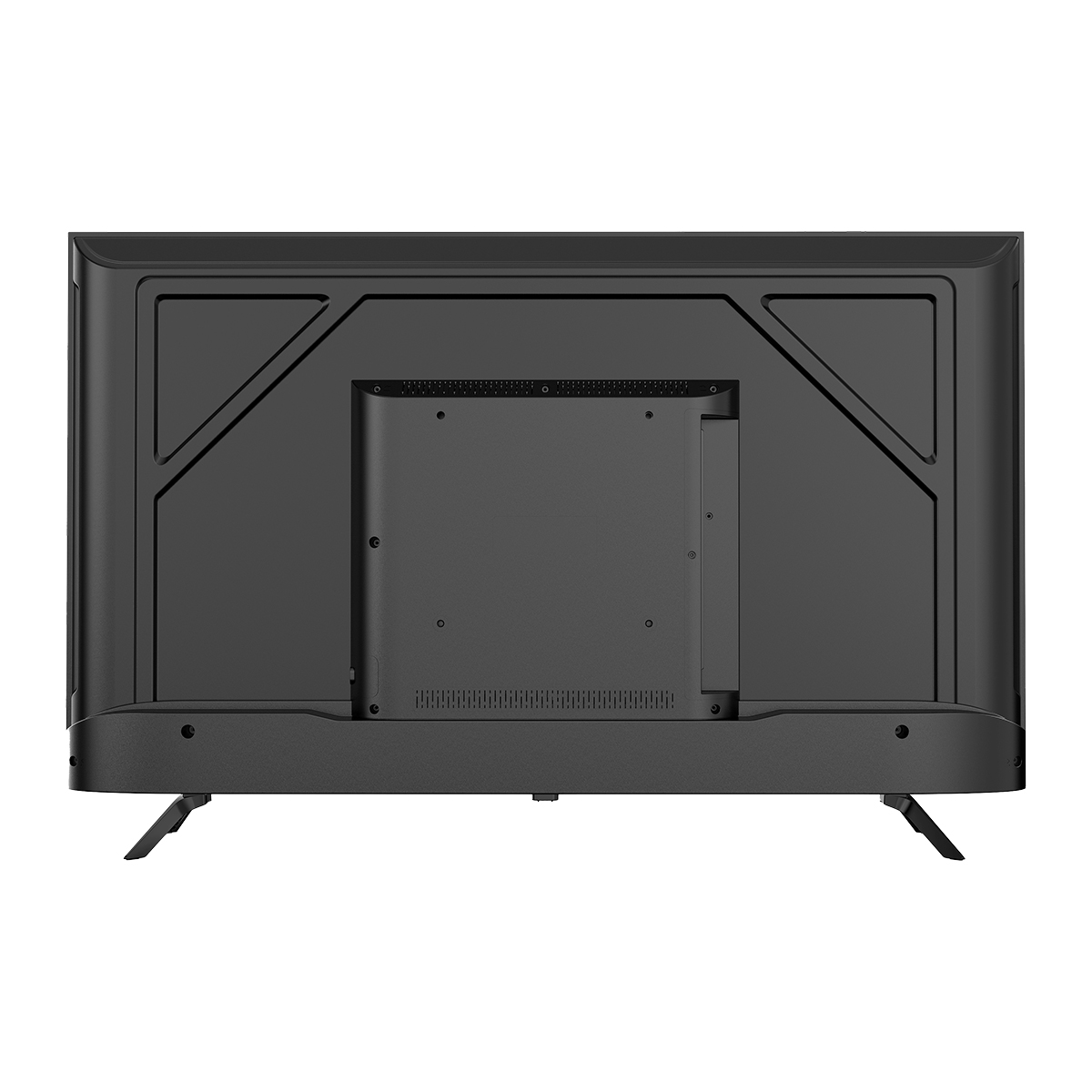 Vista trasera de un televisor negro. Tiene un panel central con tornillos, rejillas de ventilación y dos patas. El marco tiene detalles geométricos.