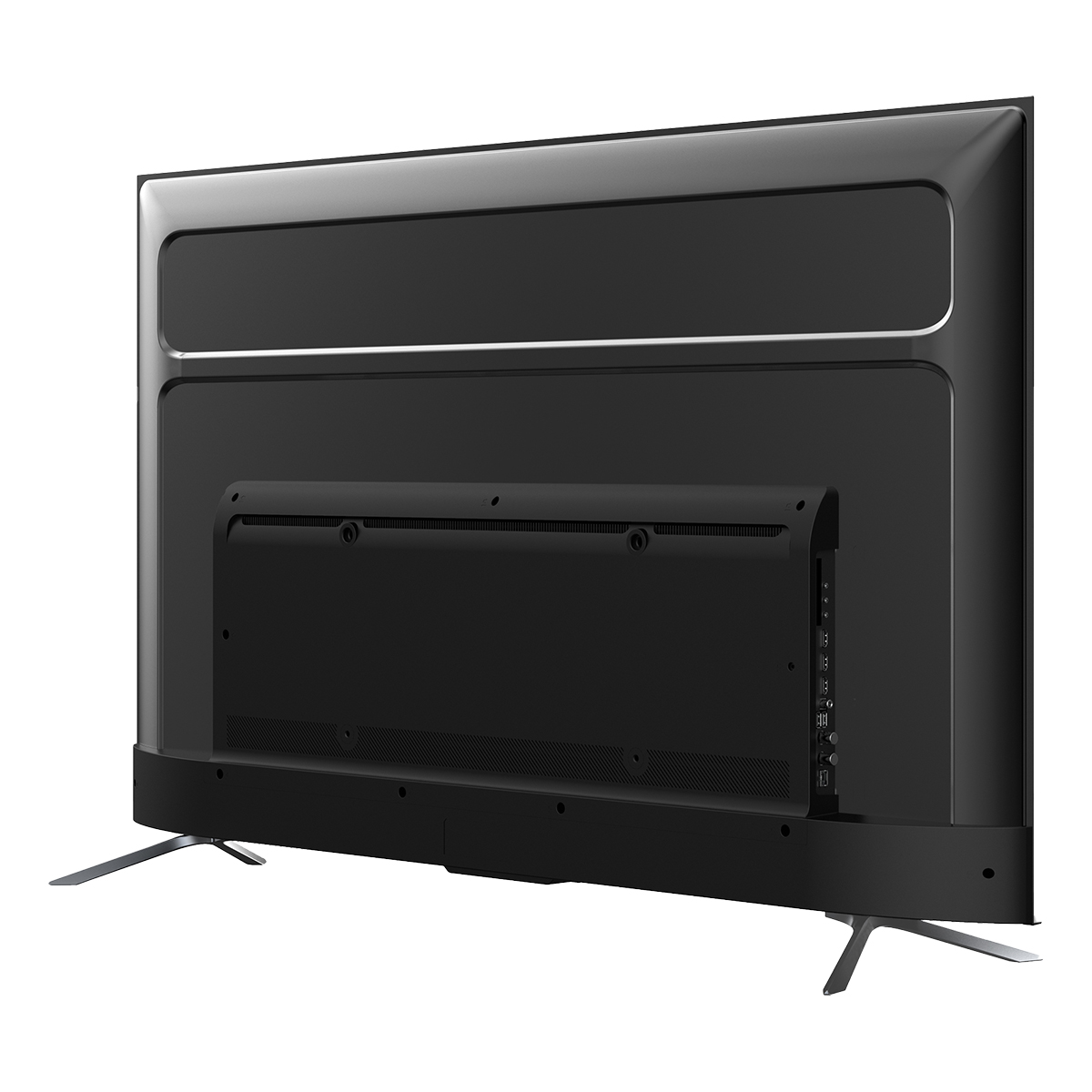 Vista posteriore di una TV nera. Le gambe argentate supportano lo schermo. Sono visibili varie porte. La TV è su sfondo bianco.
