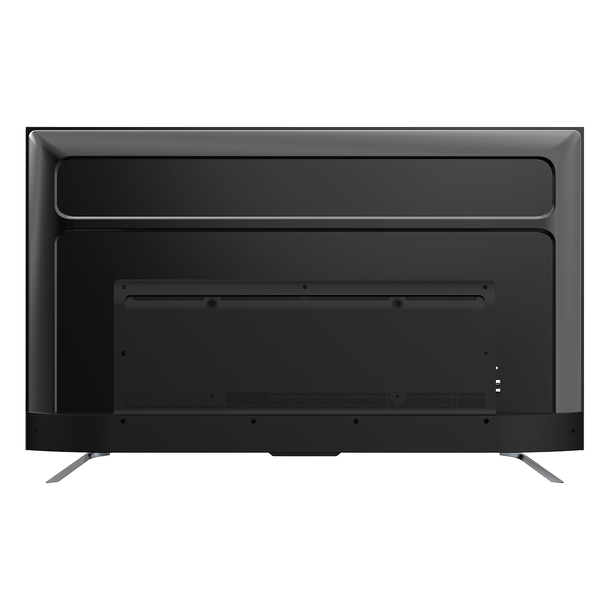 Retro di una TV nera. Ha una forma rettangolare con un pannello centrale e gambe argentate.