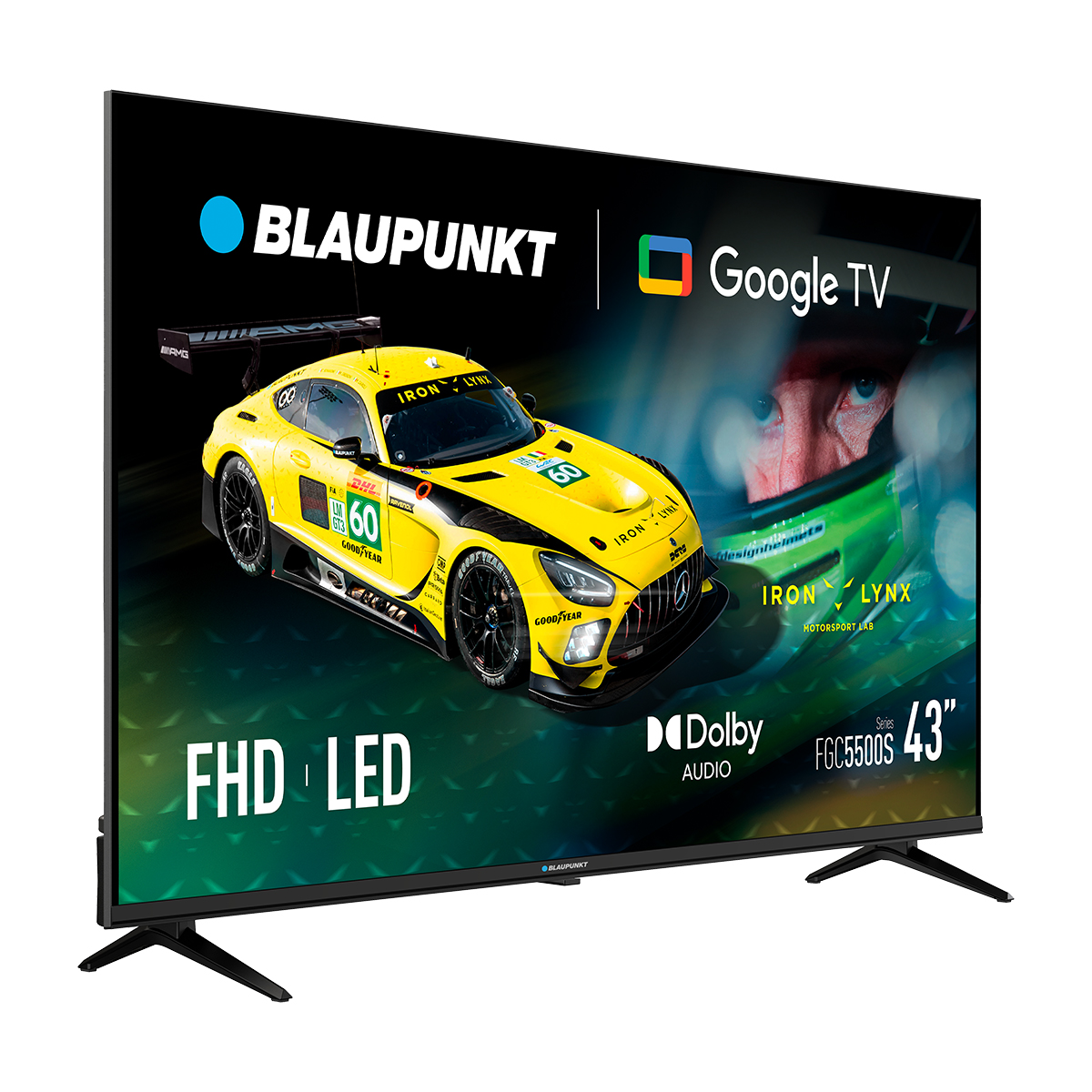 Telewizor Blaupunkt 43" wyświetla żółty samochód wyścigowy z numerem 60. Ekran pokazuje logo Google TV i Dolby Audio.