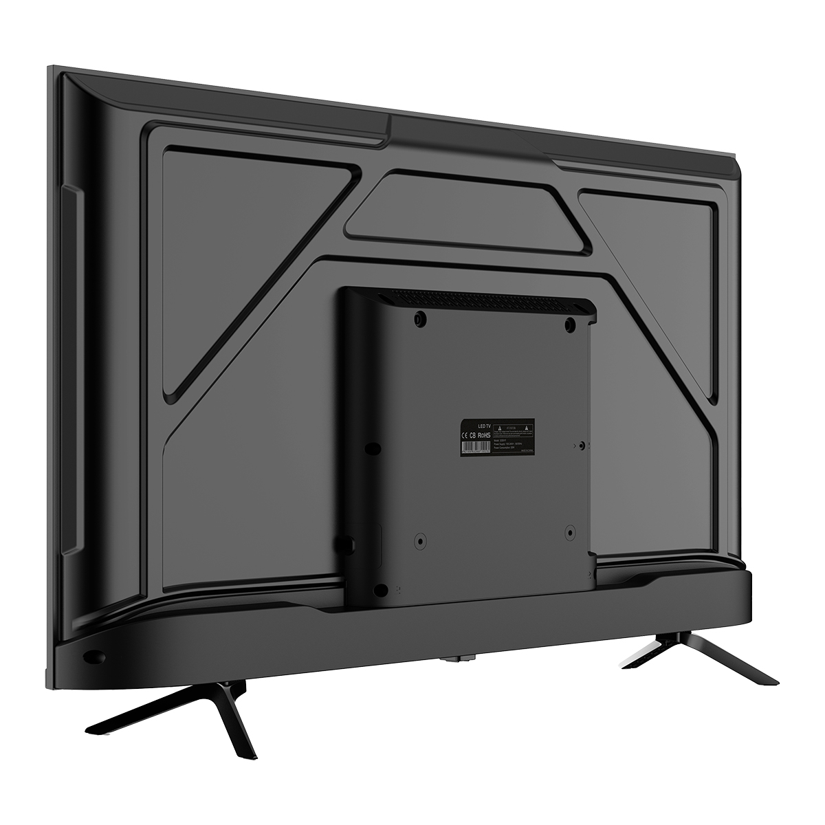 Vista trasera de un televisor LED negro. Tiene soporte, panel central con pegatinas y diseño con patrones en la parte trasera.