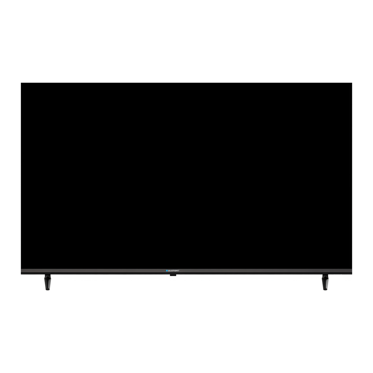 Duży czarny telewizor z cienkimi nogami. Małe niebieskie logo Blaupunkt jest wyśrodkowane na dole.