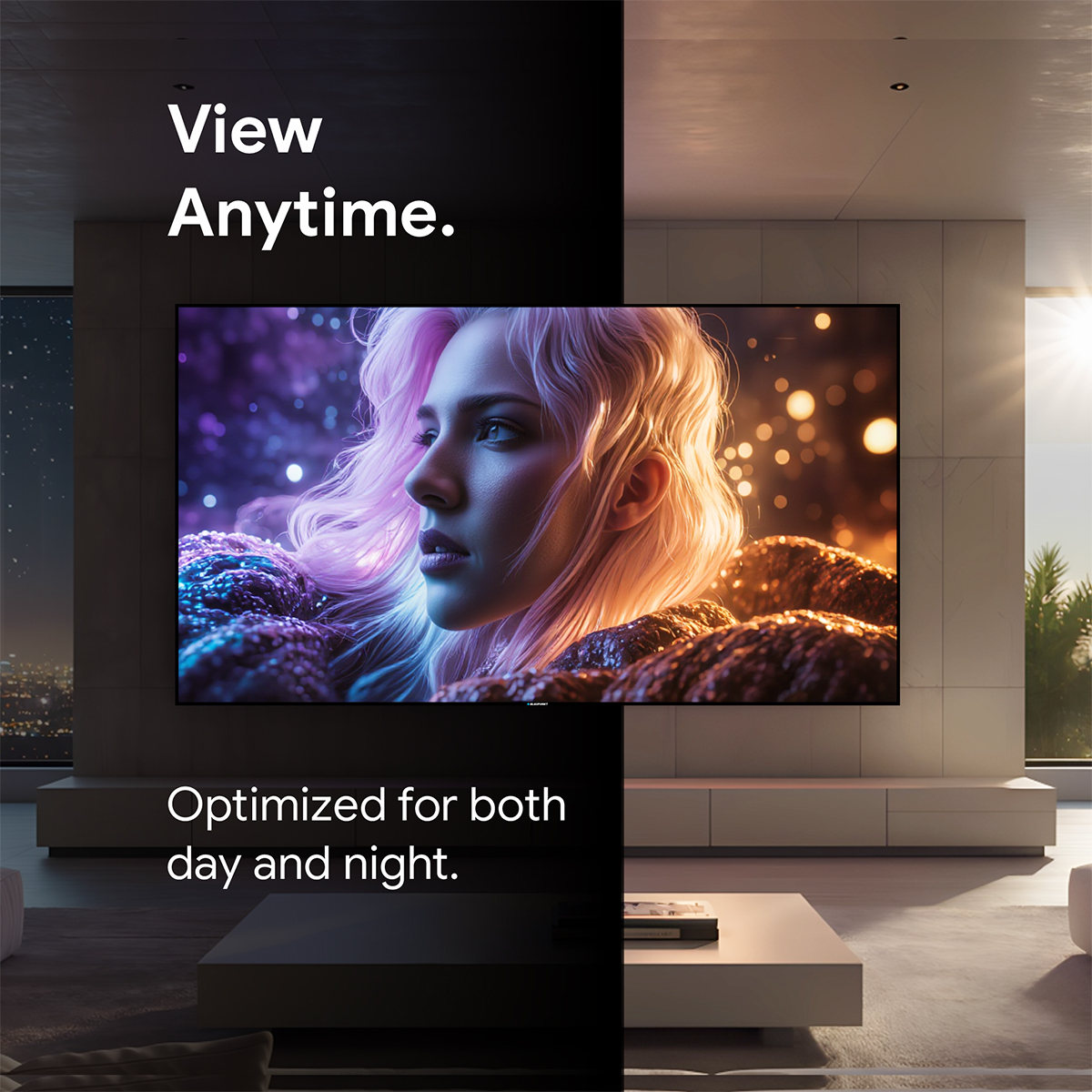 Il volto di una donna è sullo schermo di una TV. La stanza è moderna. Il testo dice: 'Guarda sempre' e 'Ottimizzato per il giorno e la notte'.