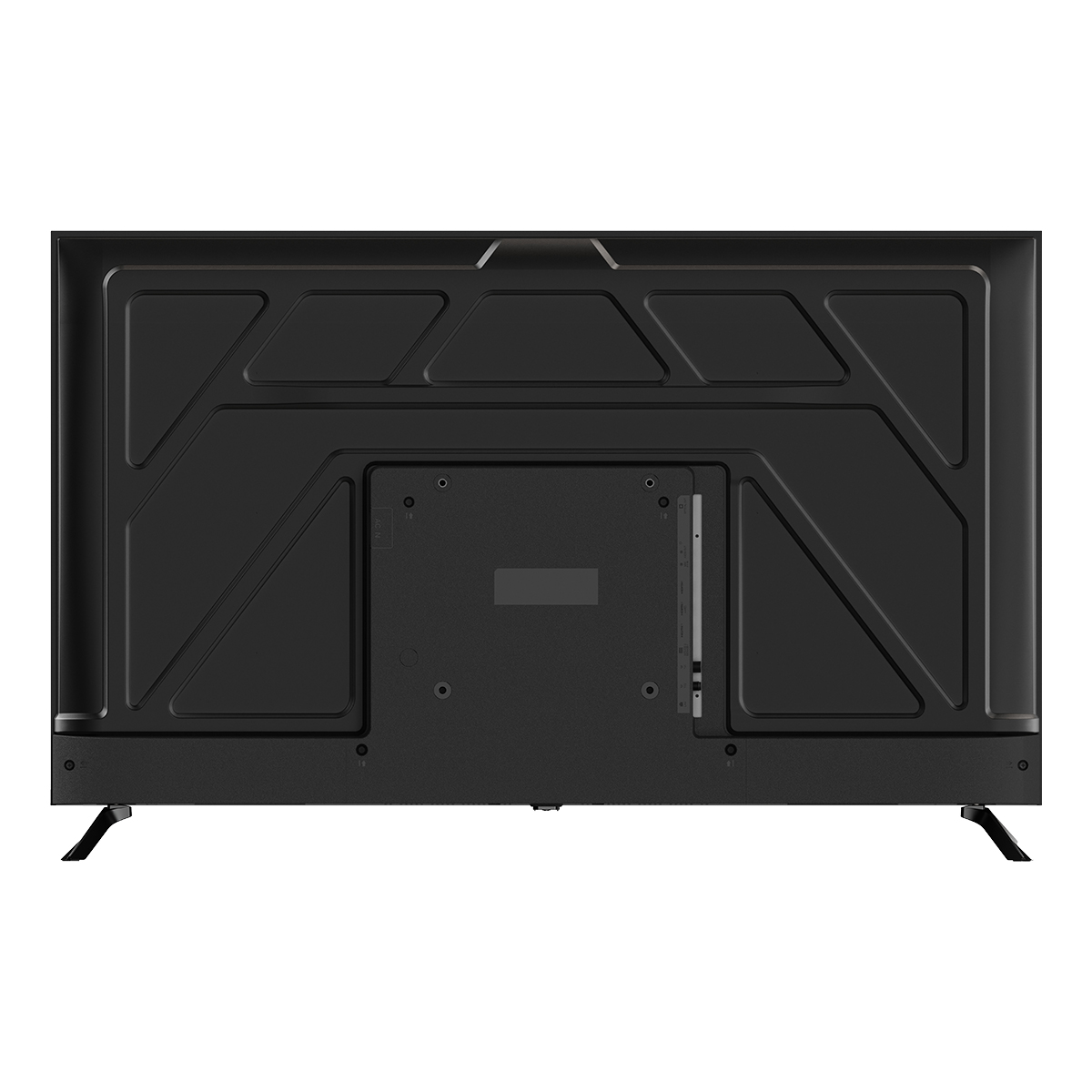 Tył czarnego telewizora. Ma geometryczny design z centralnym panelem i nogami podporowymi.