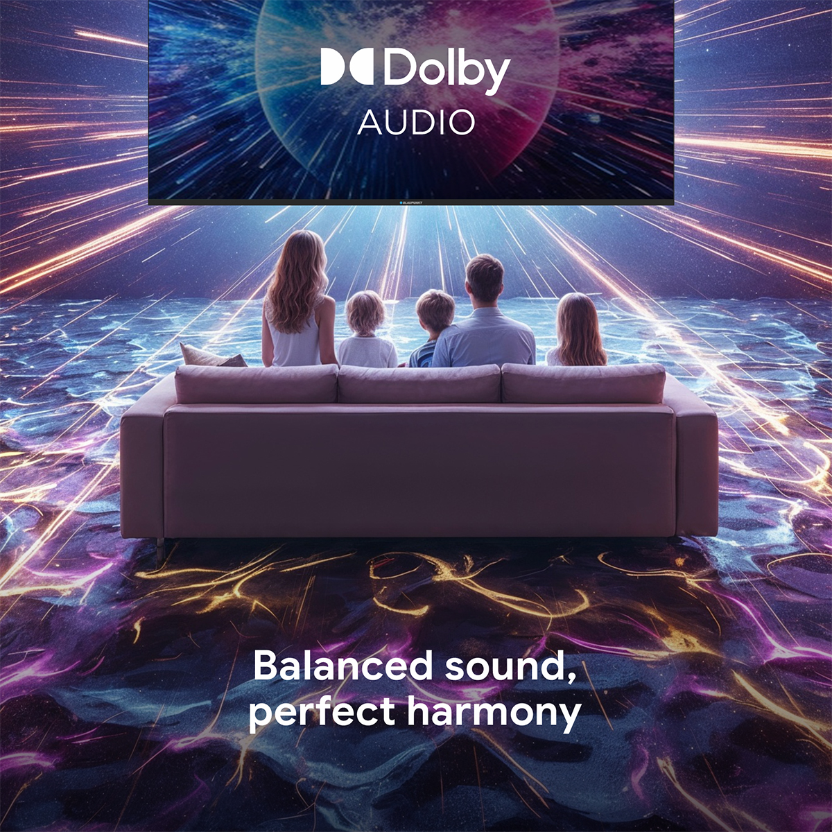 Rodzina ogląda telewizję z logo Dolby Audio. Siedzą na kanapie w pokoju z kosmicznym tłem, slogan reklamowy na dole.
