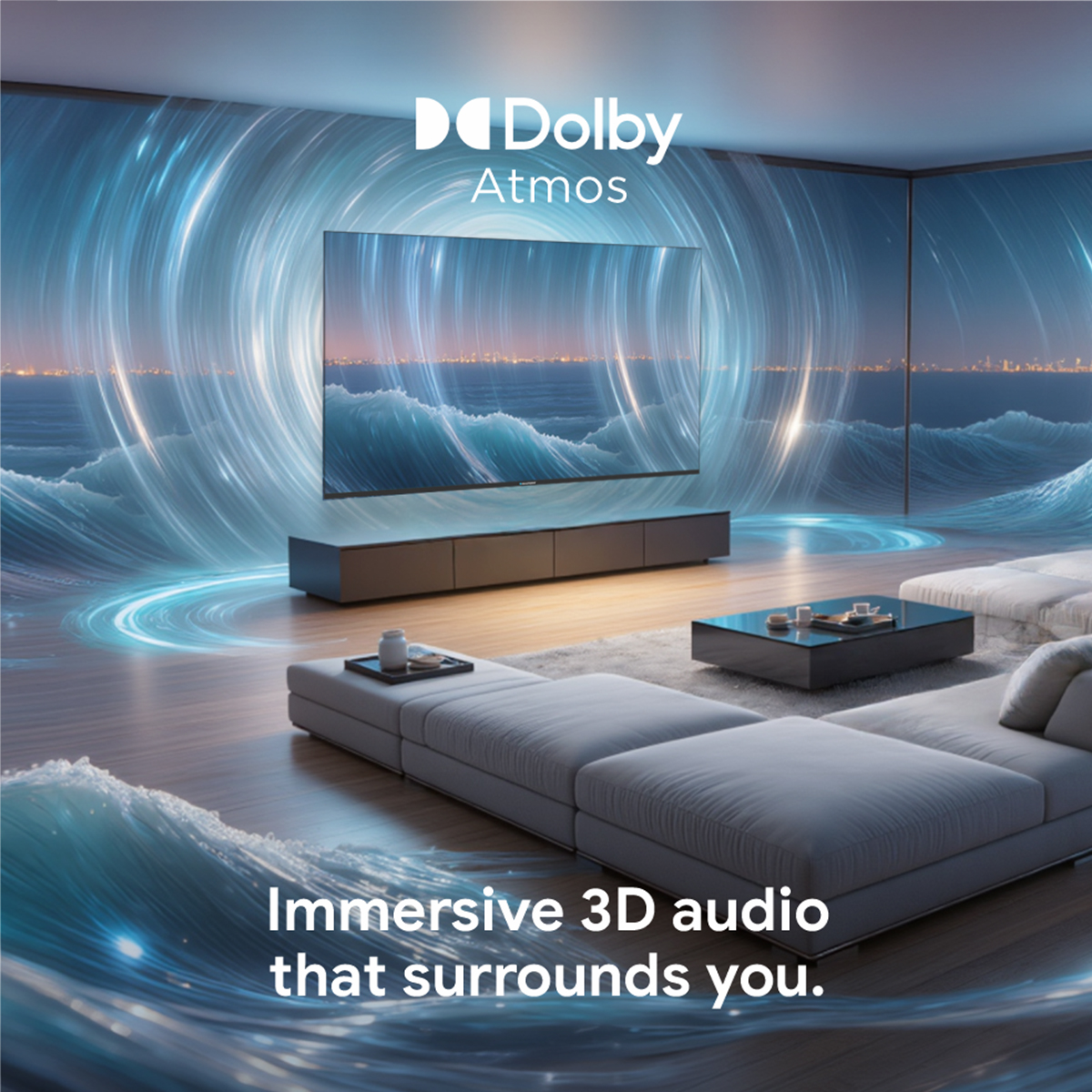 Soggiorno con TV grande, divano e design a onde d'acqua. Logo Dolby Atmos visibile. Testo: Audio 3D immersivo che ti circonda.
