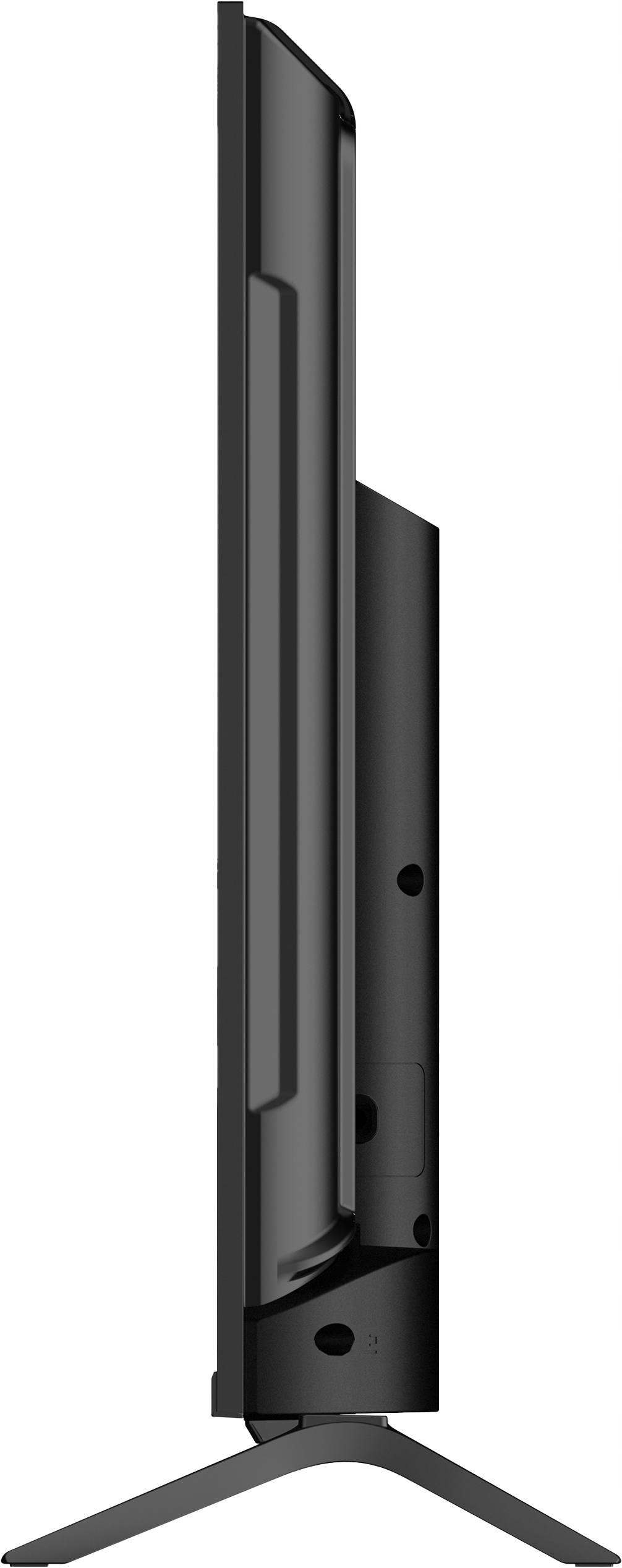 Widok z boku czarnego telewizora na białym tle. Telewizor ma podstawę. Z boku widać porty i zakrzywioną konstrukcję.