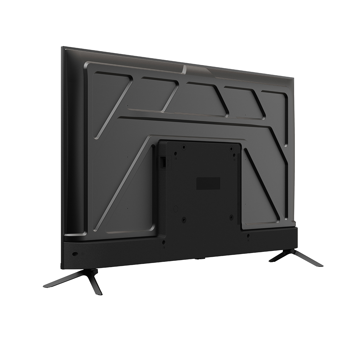 Widok z tyłu czarnego telewizora. Tył ma teksturowany wzór z centralnym wspornikiem montażowym i dwoma stojakami na nogi.