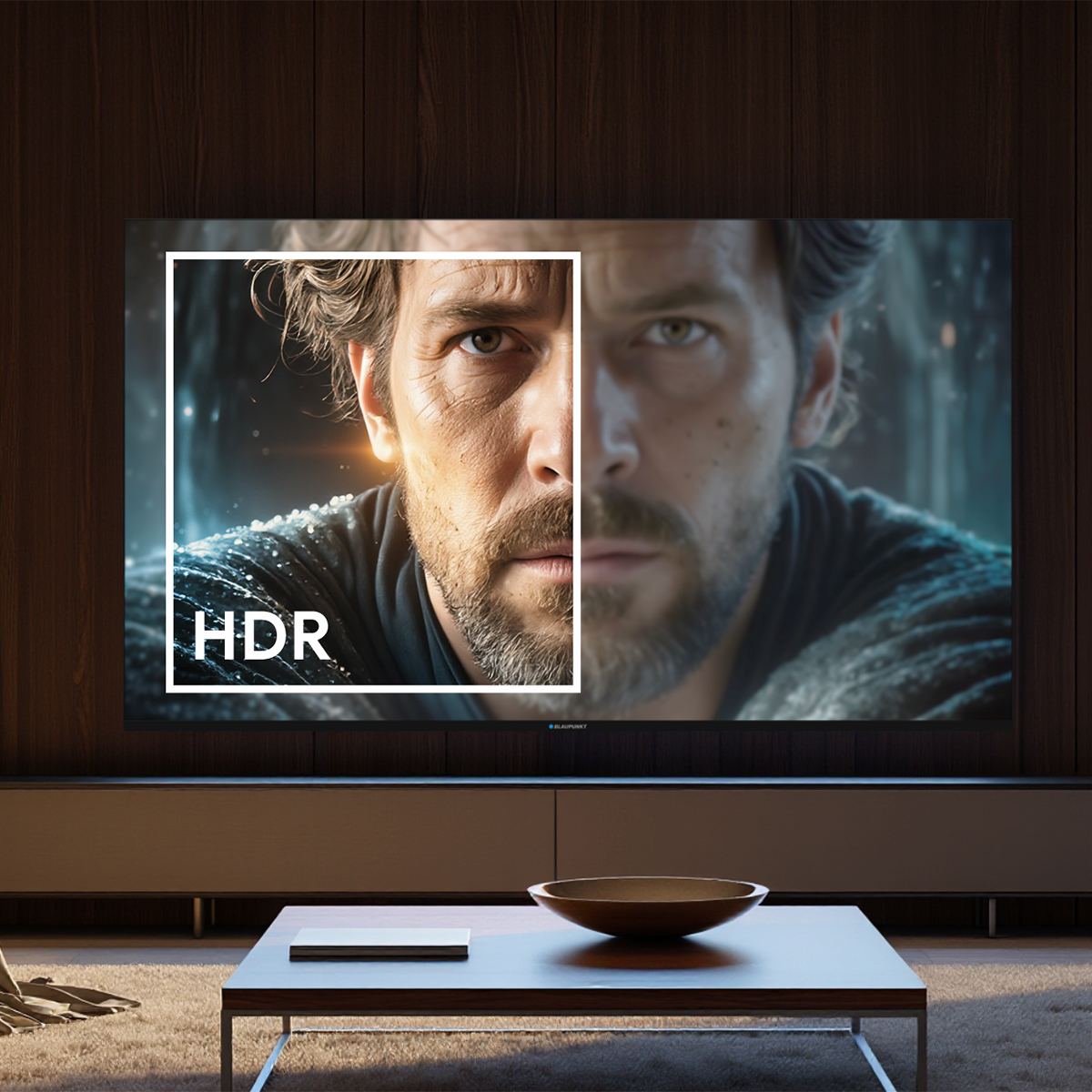 Twarz mężczyzny jest podzielona na telewizorze. Lewa strona jest jasna, prawa ciemniejsza. Widoczna etykieta HDR.