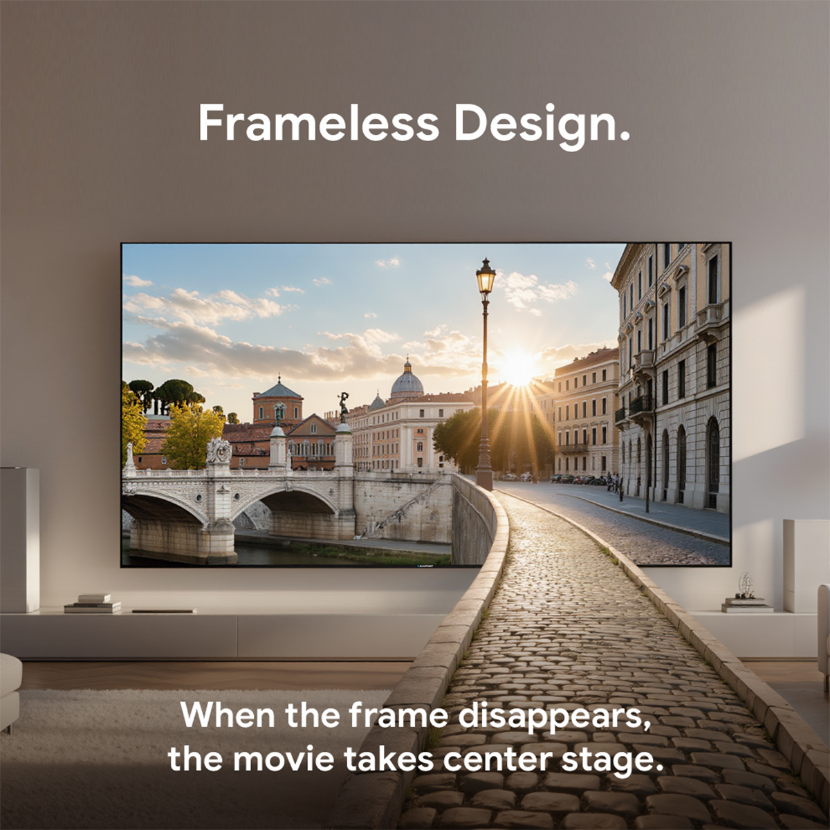 Telewizor pokazuje scenę miejską z mostem, budynkami i brukowaną ścieżką. Słońce świeci jasno.