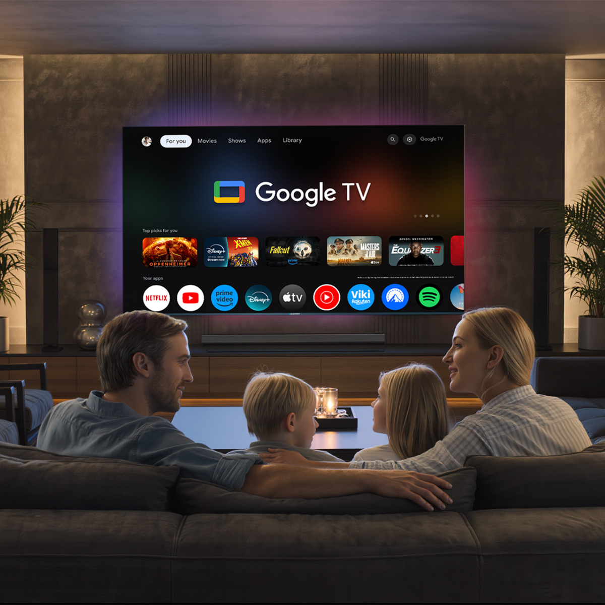Rodzina ogląda Google TV na dużym ekranie. Widoczne są aplikacje takie jak Netflix i Disney+. Rodzina siedzi na kanapie.