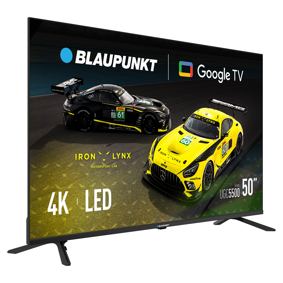 Telewizor Blaupunkt wyświetla dwa samochody wyścigowe, jeden czarny i jeden żółty, z marką Google TV i napisem '4K LED'.