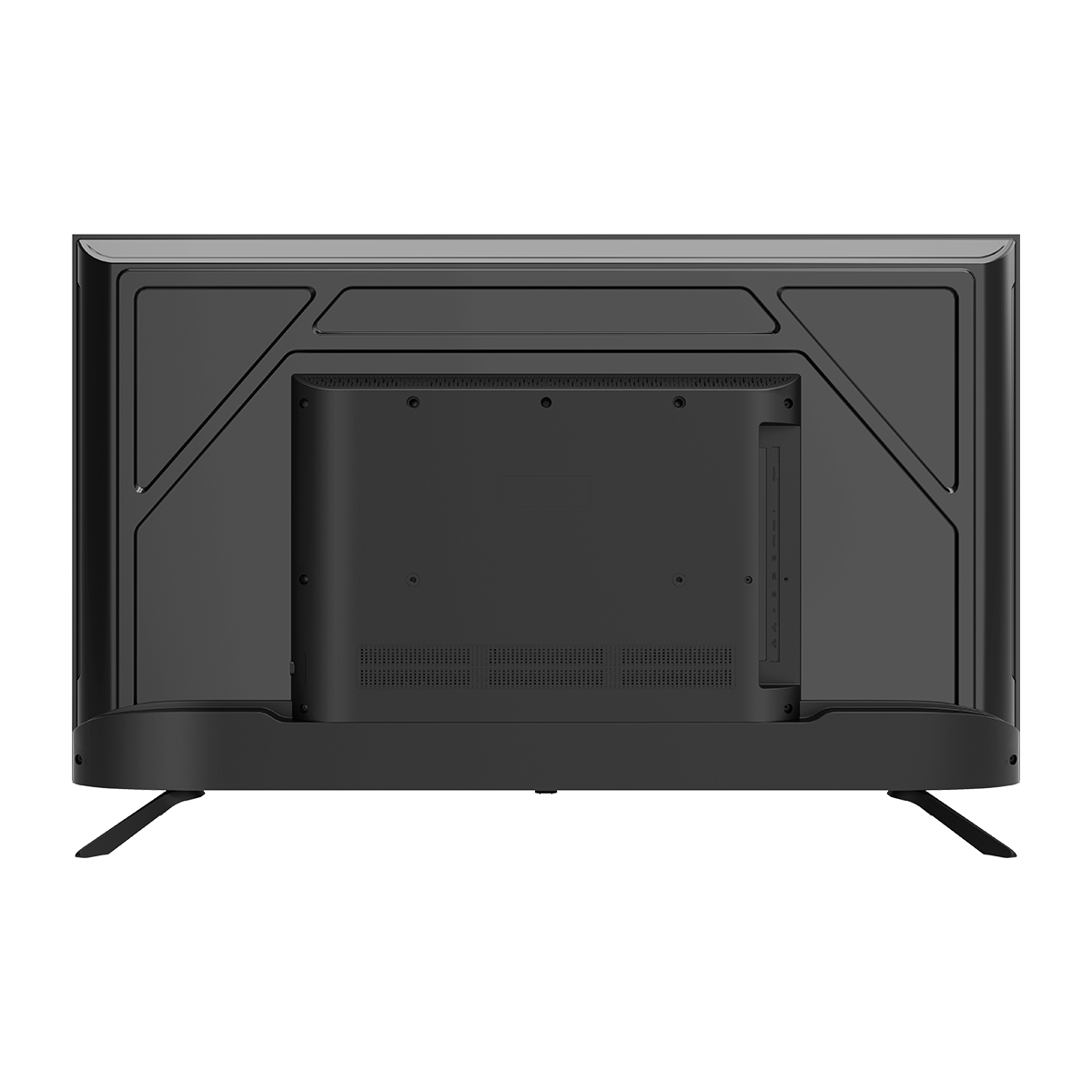 Widok z tyłu czarnego telewizora. Ma dużą czarną ramę, centralny czarny panel, otwory wentylacyjne i porty połączeniowe. Stoi na dwóch nogach.