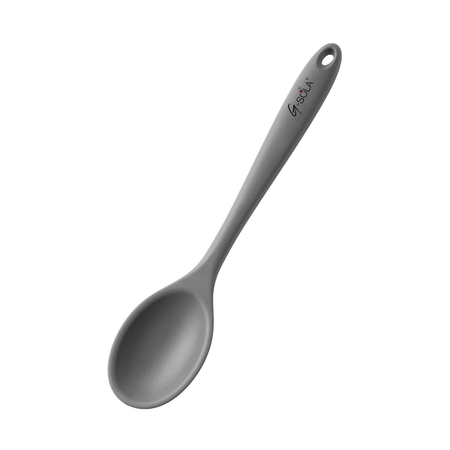 Una cuchara gris sobre fondo blanco. La cuchara tiene un mango largo y un cuenco redondeado. La marca 'G-SOLA' es visible.