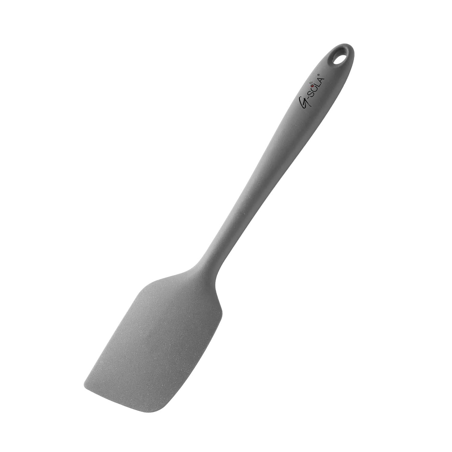 Una espátula gris con mango largo, en ángulo de arriba a la derecha a abajo a la izquierda, sobre fondo blanco.