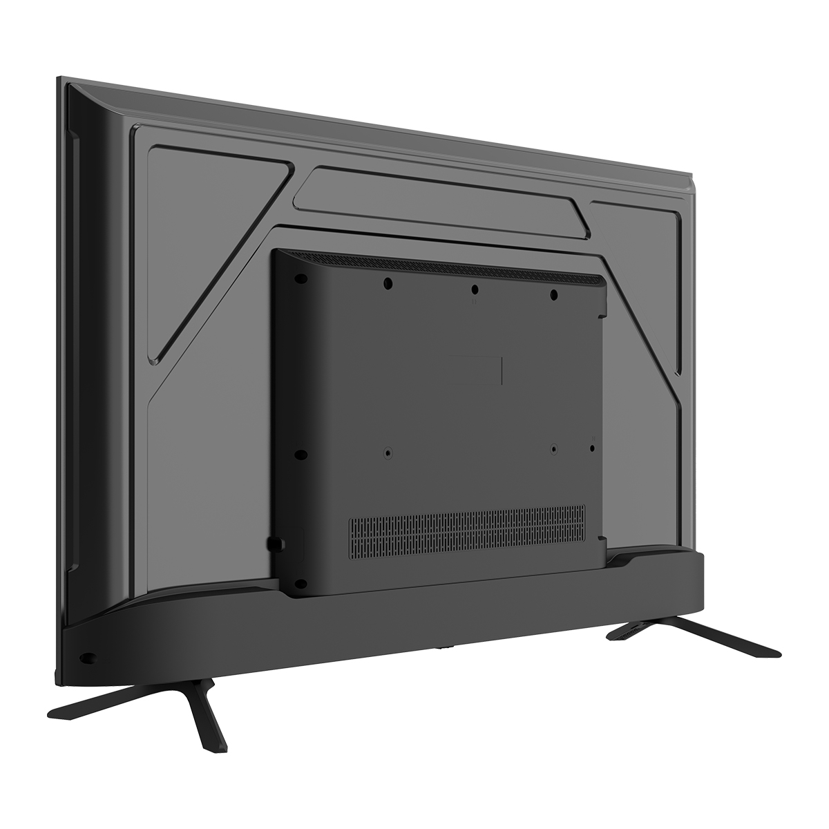 Szary telewizor z płaskim ekranem jest pod kątem. Tył pokazuje czarny panel z otworami wentylacyjnymi i nogami. Telewizor jest na białym tle.