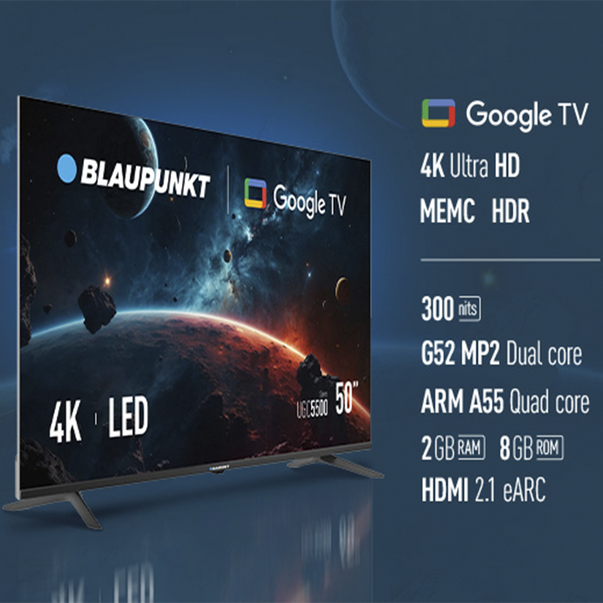 Telewizor Blaupunkt 50" 4K LED Google wyświetla scenę kosmiczną. Specyfikacje obejmują 4K Ultra HD, 2 GB RAM, 8 GB ROM i HDMI 2.1 eARC.