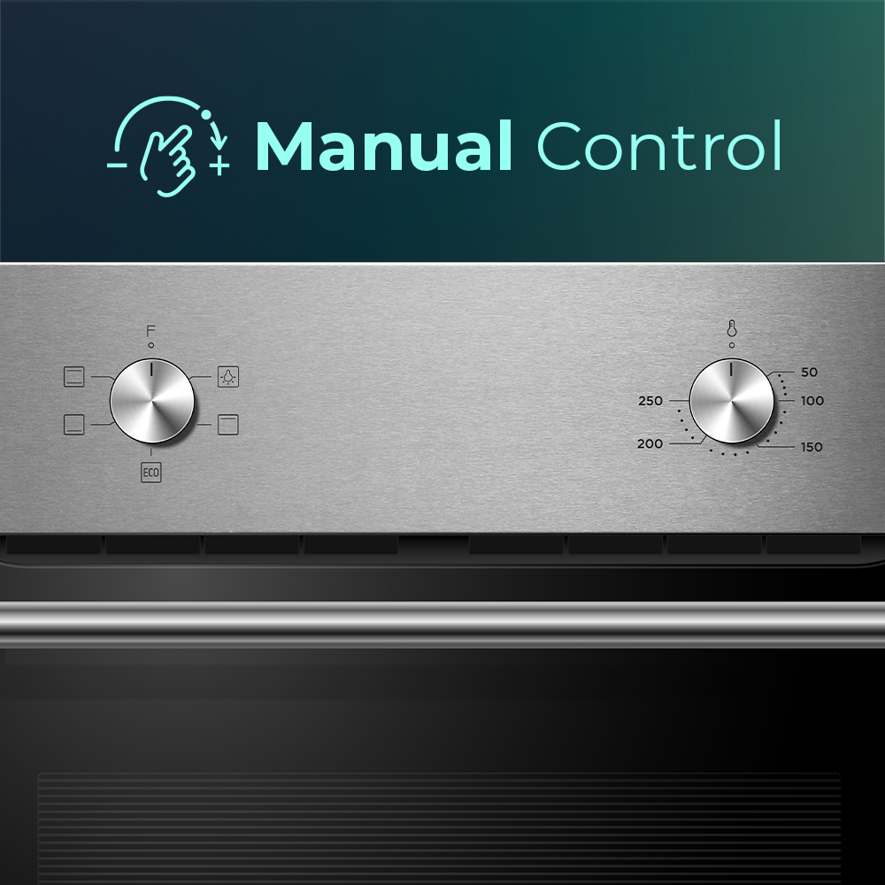 Primer plano de un panel de control del horno. Cuenta con dos perillas plateadas, marcas de temperatura y las palabras 'Control manual'.